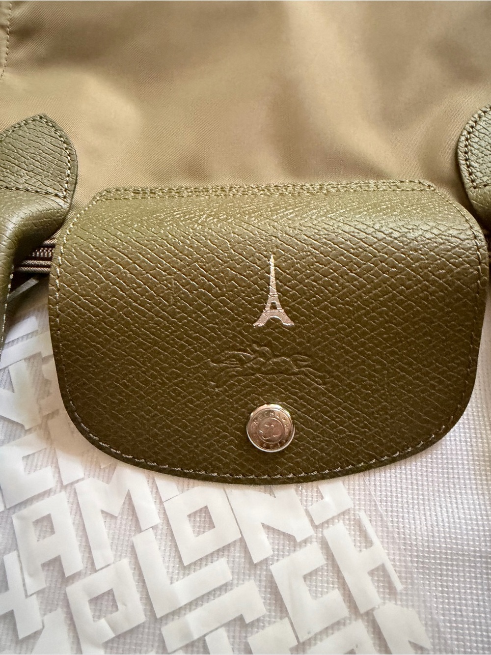 Longchamp Medium Olive Green Nylon Tote with Paris stamp - Picture 2 of 3